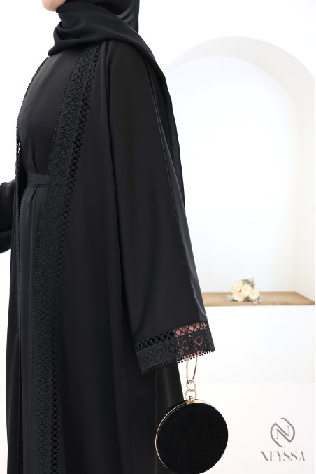 Abaya Dubai Kimono schwarz mit Spitze 4-teilig für Frauen mit Hijab