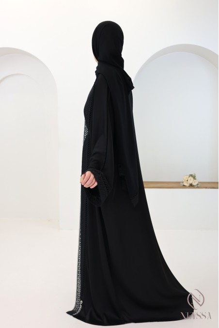 Abaya Dubai Kimono schwarz mit Spitze 4-teilig für Frauen mit Hijab