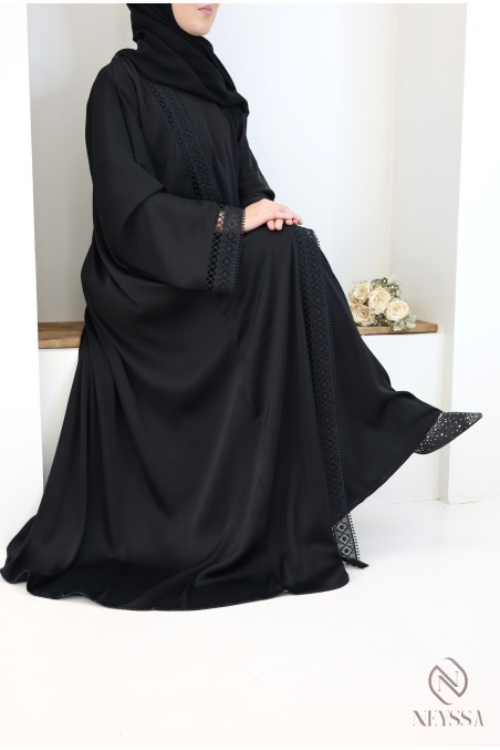 Abaya Dubaï kimono noir à dentelles 4 pièces femme hijabi