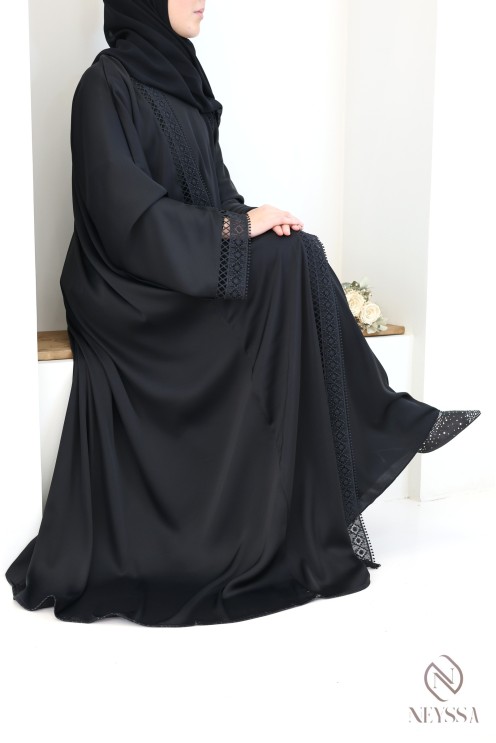 Abaya Dubai Kimono schwarz mit Spitze 4-teilig für Frauen mit Hijab
