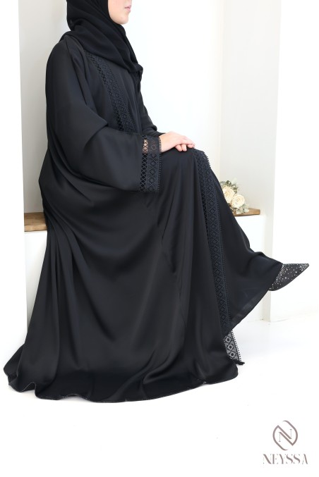 Abaya Dubaï kimono noir à dentelles 4 pièces femme hijabi