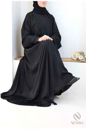 Abaya Dubai Kimono schwarz mit Spitze 4-teilig für Frauen mit Hijab 2