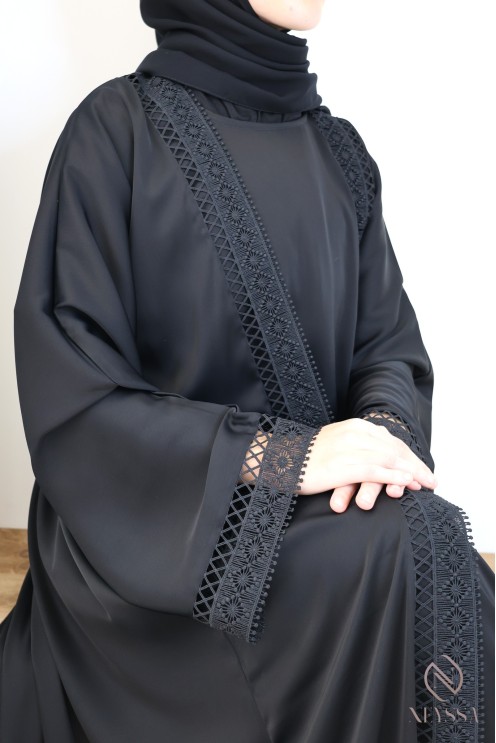 Dubai black lace kimono abaya, 4 pieces, for hijabi women