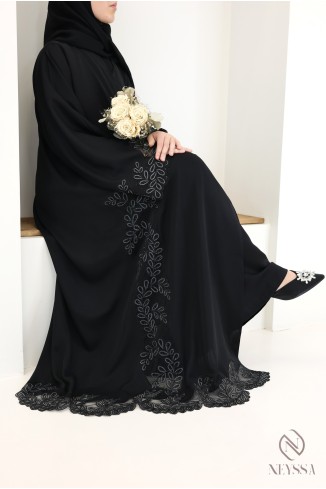 Abaya Dubai Luxus-Kimono mit schwarzer und silberner Stickerei
