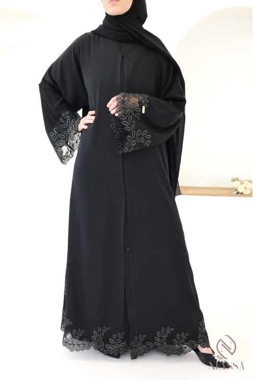 Abaya Dubai Luxus-Kimono mit schwarzer und silberner Stickerei