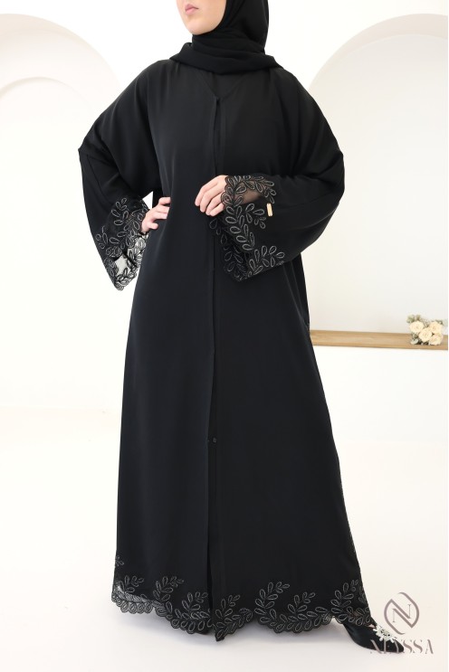 Luxury black and silver embroidered Dubai kimono abaya for chic women