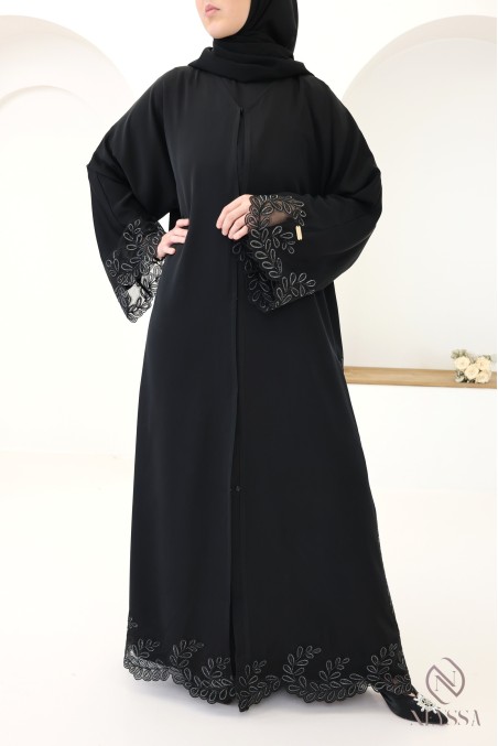Luxury black and silver embroidered Dubai kimono abaya for chic women