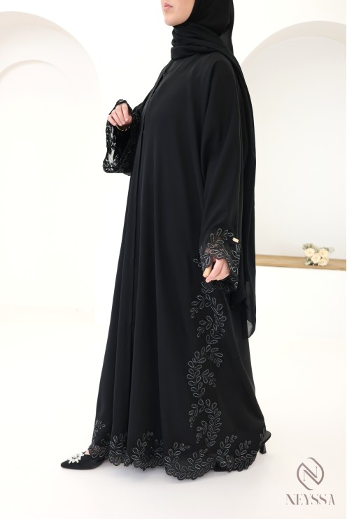 Abaya Dubai Luxus-Kimono mit schwarzer und silberner Stickerei