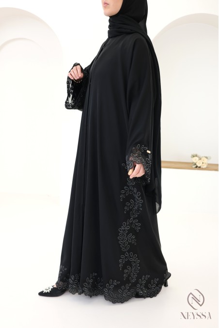 Luxury black and silver embroidered Dubai kimono abaya for chic women