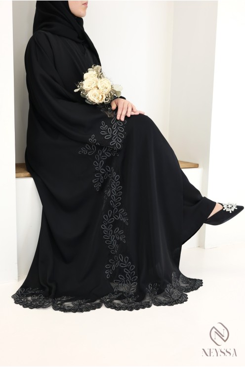 Abaya Dubaï kimono de luxe brodée noir et argenté pour femme chic