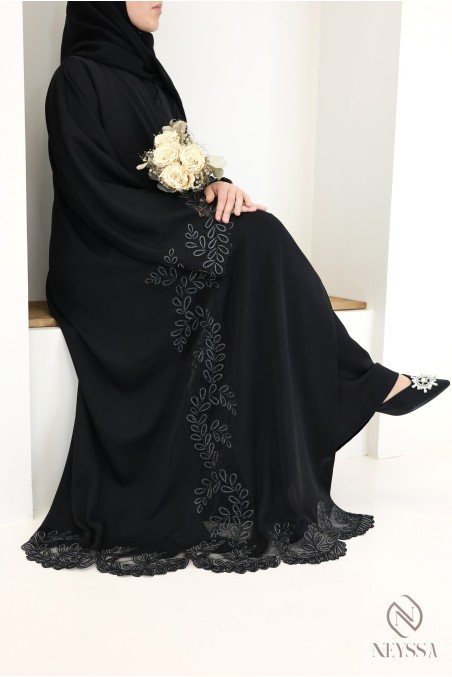 Luxury black and silver embroidered Dubai kimono abaya for chic women