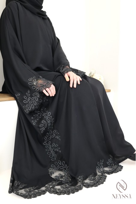 Abaya Dubaï kimono de luxe brodée noir et argenté pour femme chic