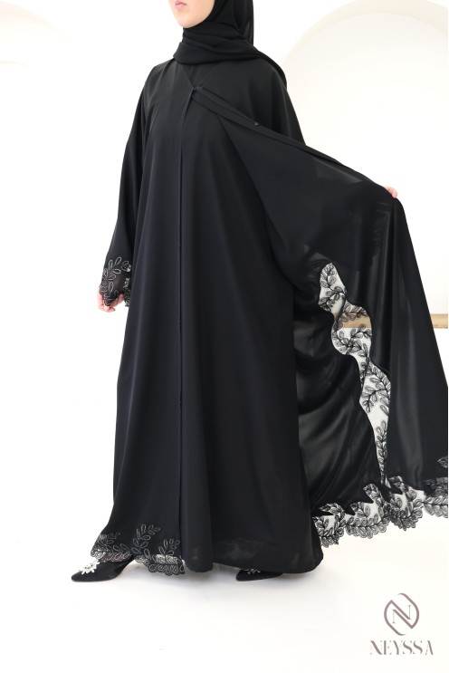 Abaya Dubai Luxus-Kimono mit schwarzer und silberner Stickerei