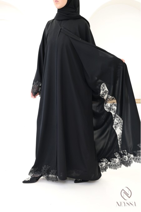 Abaya Dubaï kimono de luxe brodée noir et argenté pour femme chic