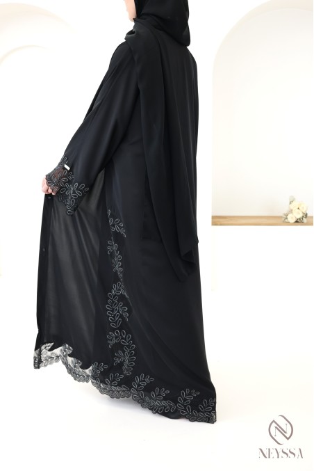 Abaya Dubaï kimono de luxe brodée noir et argenté pour femme chic
