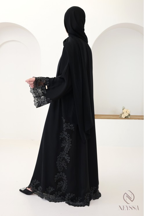 Abaya Dubaï kimono de luxe brodée noir et argenté pour femme chic