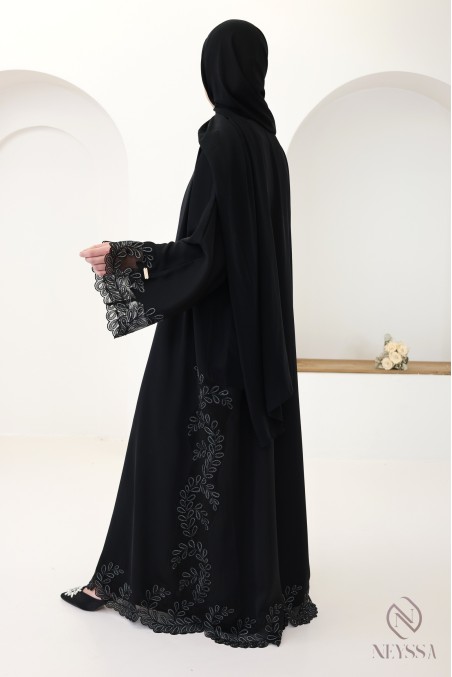 Abaya Dubaï kimono de luxe brodée noir et argenté pour femme chic
