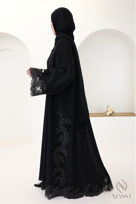 Abaya Dubaï kimono de luxe brodée noir et argenté pour femme chic