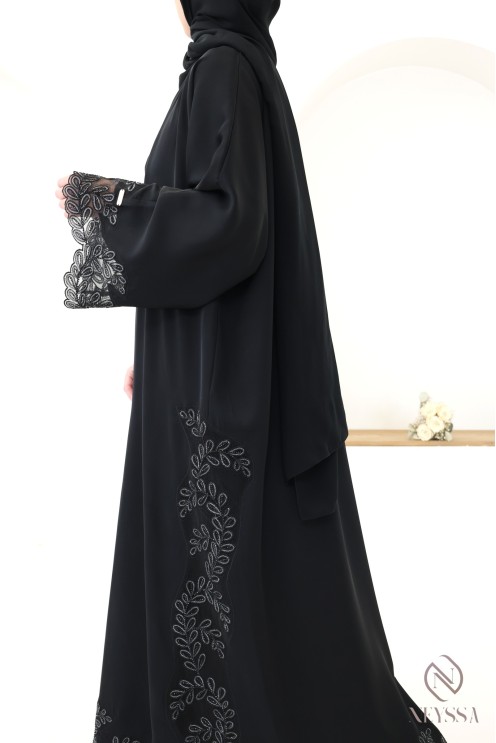 Abaya Dubai Luxus-Kimono mit schwarzer und silberner Stickerei