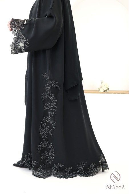 Abaya Dubai Luxus-Kimono mit schwarzer und silberner Stickerei
