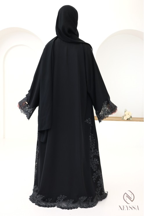 Abaya Dubaï kimono de luxe brodée noir et argenté pour femme chic
