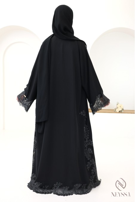 Abaya Dubaï kimono de luxe brodée noir et argenté pour femme chic