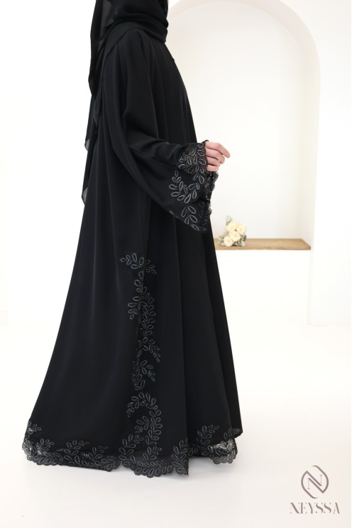 Abaya Dubai Luxus-Kimono mit schwarzer und silberner Stickerei