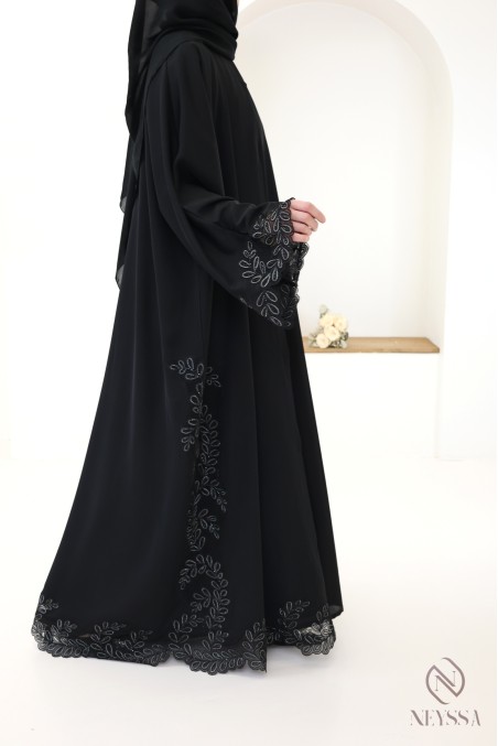 Luxury black and silver embroidered Dubai kimono abaya for chic women