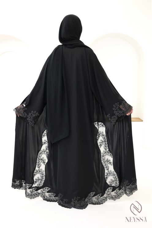 Luxury black and silver embroidered Dubai kimono abaya for chic women
