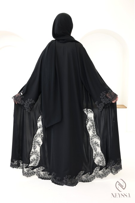 Abaya Dubai Luxus-Kimono mit schwarzer und silberner Stickerei