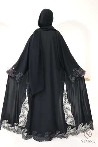 Abaya Dubai Luxus-Kimono mit schwarzer und silberner Stickerei 2