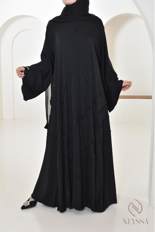 Abaya Dubaï Noir femme musulmane, coupe évasée avec perlages, hijabi