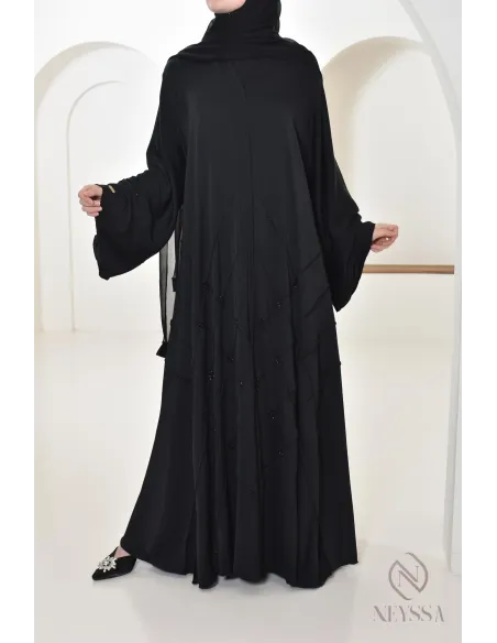 Abaya Dubai Schwarz muslimische Frau, ausgestellter Schnitt mit Perlen