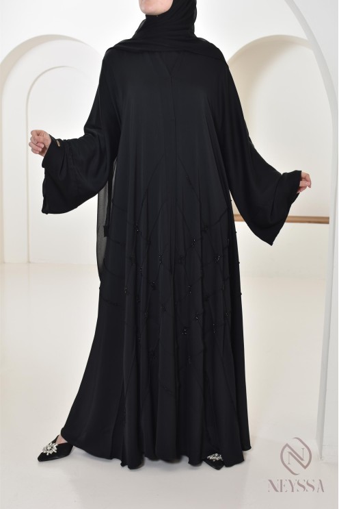 Abaya Dubai Black Muslim woman, flared cut with beading, hijabi