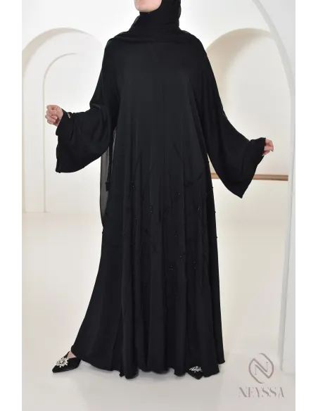 Abaya Dubaï Noir femme musulmane, coupe évasée avec perlages, hijabi