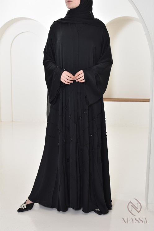 Abaya Dubaï Noir femme musulmane, coupe évasée avec perlages, hijabi