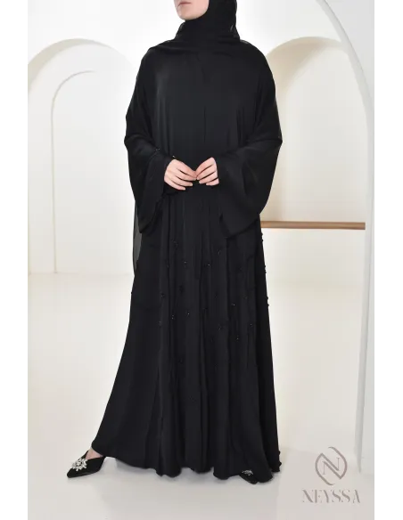 Abaya Dubai Schwarz muslimische Frau, ausgestellter Schnitt mit Perlen