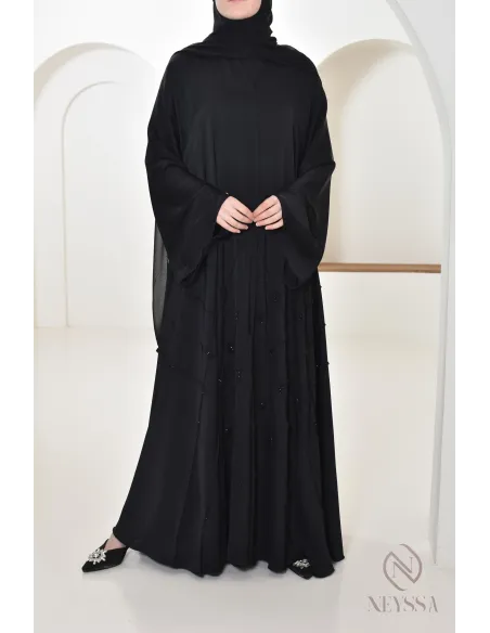 Abaya Dubai Black Muslim woman, flared cut with beading, hijabi