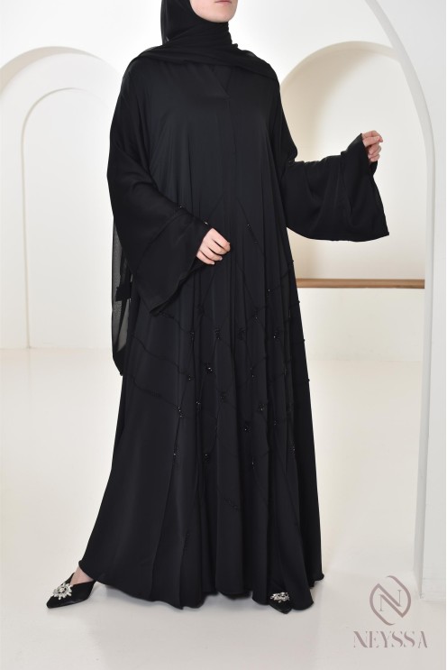 Abaya Dubai Schwarz muslimische Frau, ausgestellter Schnitt mit Perlen