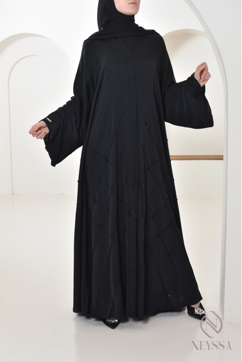 Abaya Dubai Schwarz muslimische Frau, ausgestellter Schnitt mit Perlen