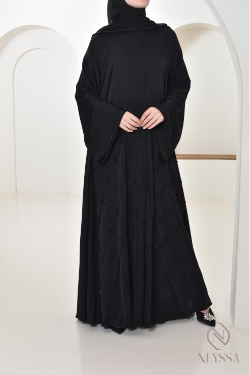 Abaya Dubaï Noir femme musulmane, coupe évasée avec perlages, hijabi
