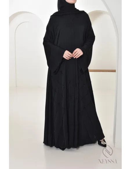 Abaya Dubai Schwarz muslimische Frau, ausgestellter Schnitt mit Perlen