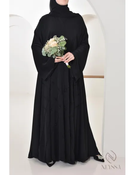 Abaya Dubai Schwarz muslimische Frau, ausgestellter Schnitt mit Perlen