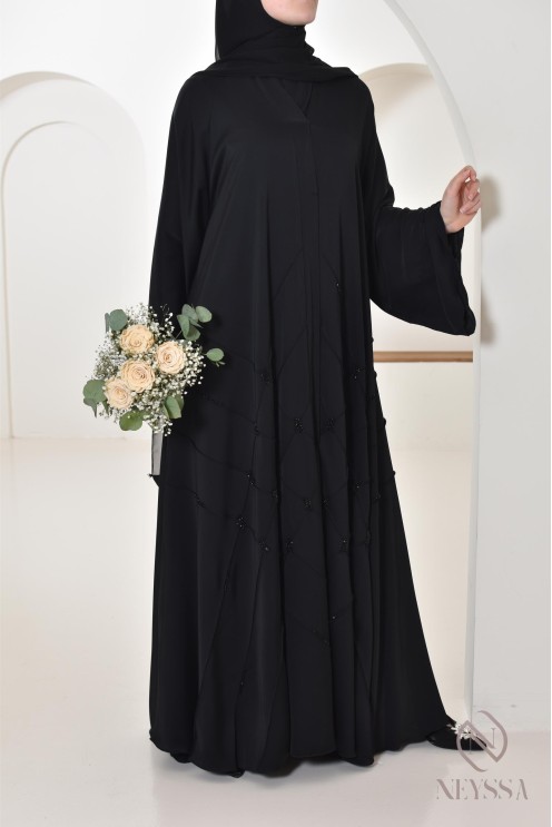 Abaya Dubaï Noir femme musulmane, coupe évasée avec perlages, hijabi