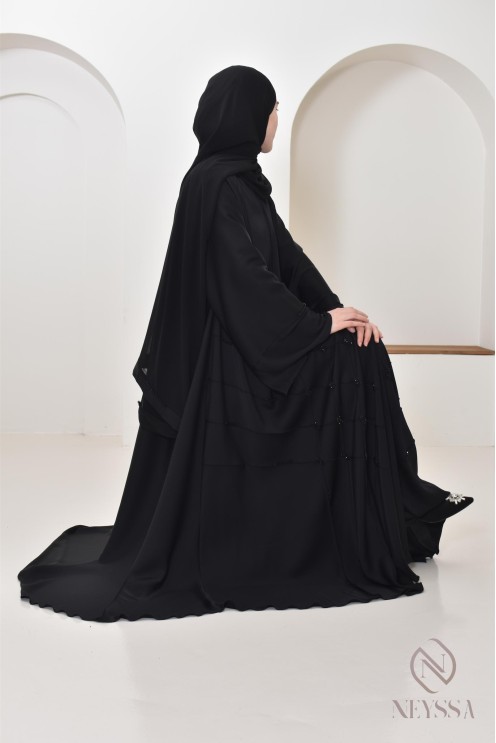 Abaya Dubai Schwarz muslimische Frau, ausgestellter Schnitt mit Perlen