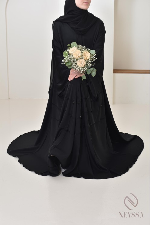 Abaya Dubaï Noir femme musulmane, coupe évasée avec perlages, hijabi