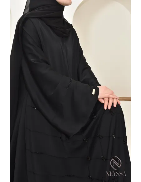 Abaya Dubai Black Muslim woman, flared cut with beading, hijabi