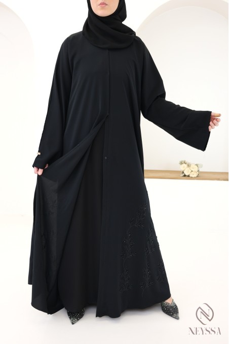 Abaya Dubaï avec perles brodées et strass, idée tenue Aïd