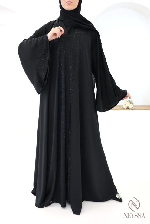 Abaya kimono Dubai  noir coupe umbrella avec strass pour l'aïd
