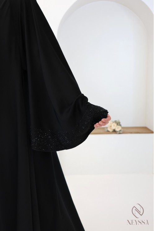 Black Dubai kimono abaya with umbrella cut and rhinestones for Eid